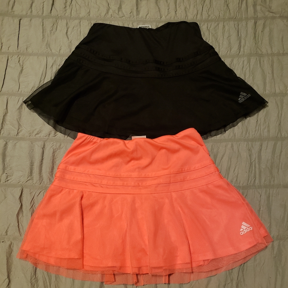Adidas Girls Coral/Black Mesh Overlay Tennis Skirt Set 2pk L 12-14